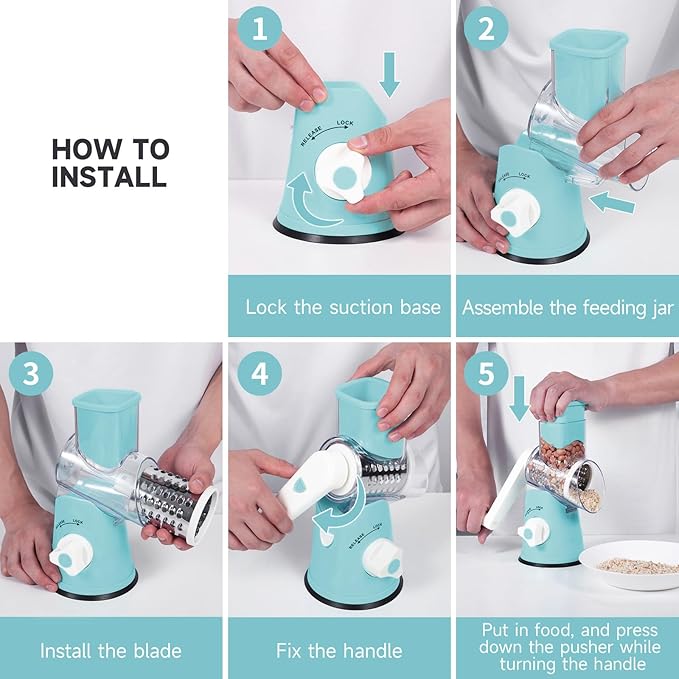 Rotary Cheese Grater, Cheese Grater Hand Crank with 3 Interchangeable Blades, Manual Cheese Shredder with Strong Suction Base, Easy to Use and Clean, Blue