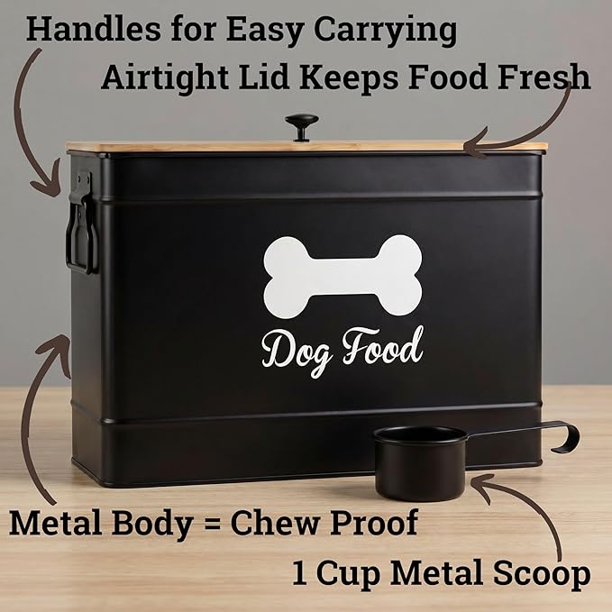 Dog Food Container Airtight 15 lb (50 Cup) Capacity with Metal Scoop - Cute Airtight Dog Food Storage Container with Bamboo Lid - Black Metal Kibble Storage Bin for Dogs up to 100 lbs - Big Pet Jar