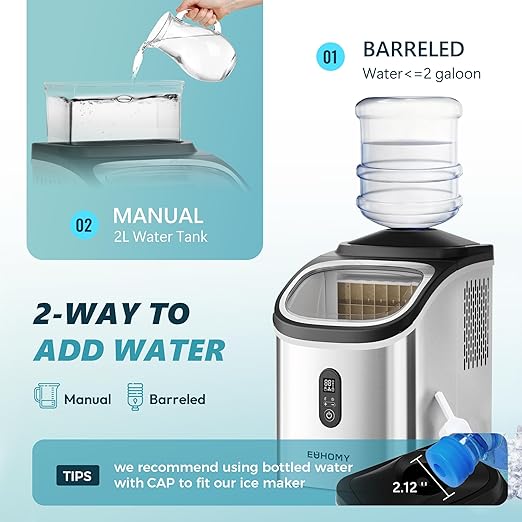 EUHOMY Ice Cube Maker Machine Countertop with External Water Tank, 2 Ways to Add Water, 34Lbs/Day, 16Pcs Ready in 7 Mins, Auto-Cleaning, with Ice Scoop & Basket, for Home/Kitchen/Office/Bar (Silver)
