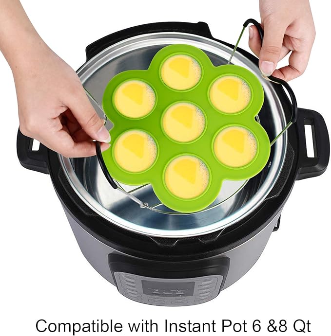 ROTTAY Silicone Egg Bites Molds and Steamer Rack Trivet with Heat Resistant Handles Fit Instant Pot Accessories, 7pcs set for 6qt & 8qt Electric Pressure Cooker With 2 Spoons and Silicone spatula