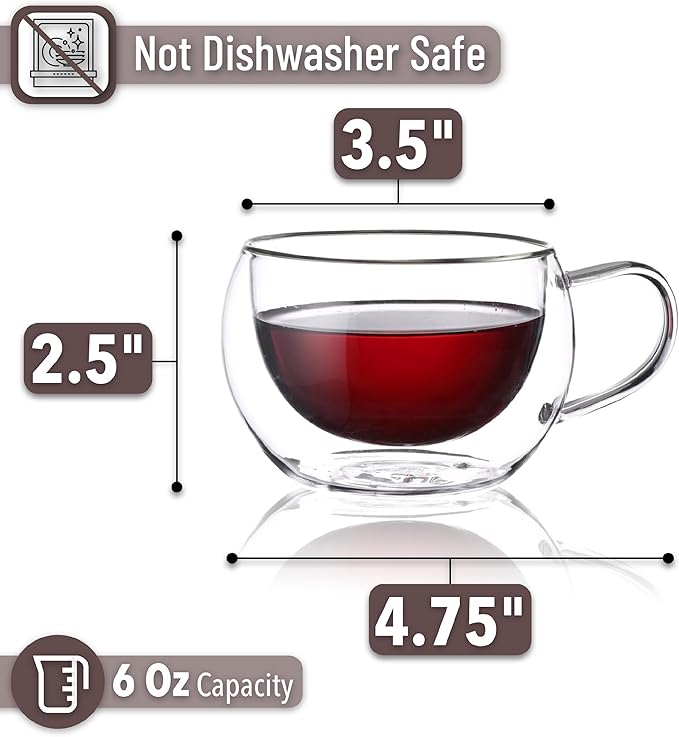 BTaT- Double Walled Espresso Cups, 6 oz, Set of 4, Clear Coffee Mugs, Double Wall Insulated Espresso Cups, Small Coffee Mugs for Tea, Lattes, Macchiatos, Hot & Cold Beverages, Microwave Safe