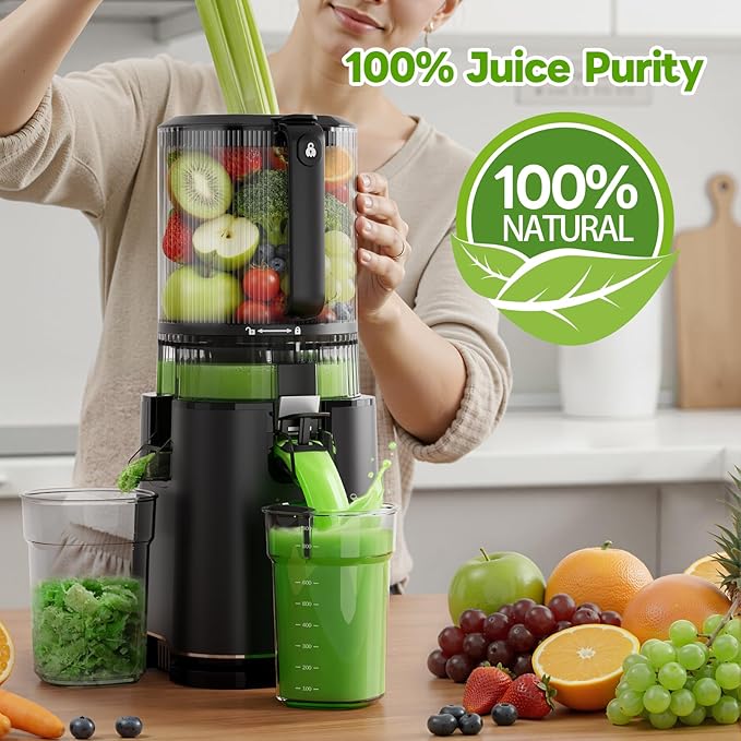 ECOSELF Juicer with 3 Filters (Juice/Sorbet/Nut Milk), Juicer Machines With 6.0" Wide Mouth Hopper, Self Feeding & Hands-Free Design, Cold Press Juicer for Family Party, High Juice Yield, With Brush