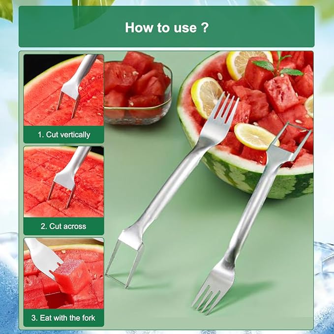 Watermelon Cutter Slicer Fruit Tool - 2-in-1 Stainless Steel Watermelon Cube Cutter, Melon Fork Slicer, Dual Head Watermelon Cuber Cutting Tool Knife (4 PCS)