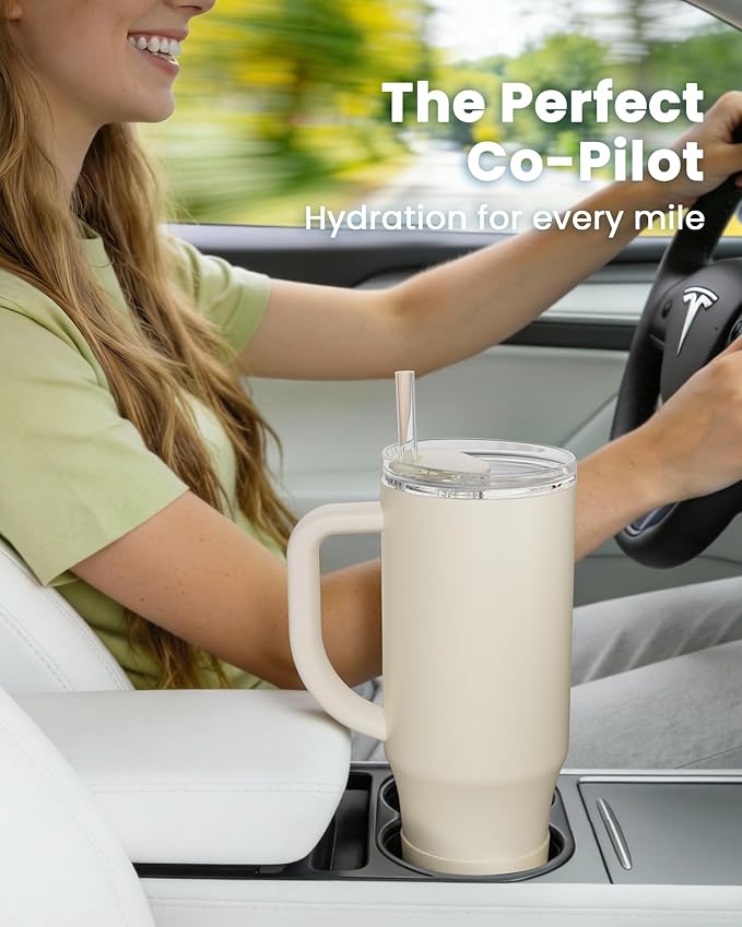 Renoj Insulated Mug 100% Spill Resistant Insulated Water Bottle for Iced Coffee & Hot Drinks - Fits Car Cup Holder, Ideal Gift, 2 Straws & Silicone Boot - FlexSlide White 40 oz