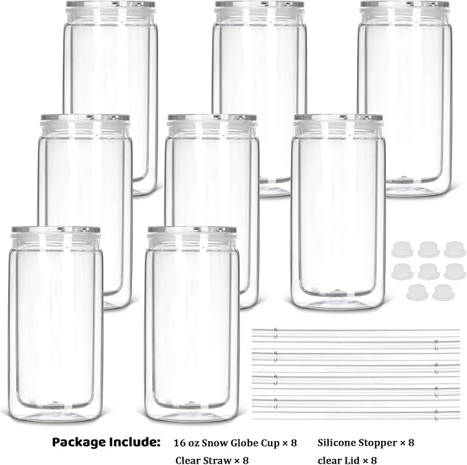8 Pack plastic Snow Globe Tumbler, 16 Oz Double Wall Plastic Can with Lid and Straw, Plastic Mason Jar Mug for Snow Globe Glitter DIY Gift (Clear)
