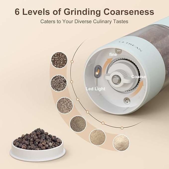 Ultrean Pepper Grinder, Rechargeable Salt and Pepper Grinder with 6 Adjustable Coarseness, LED Light, One-Hand Automatic Operation, Gifts for Women, Blue
