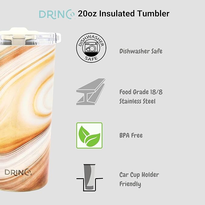 Drinco - 20 oz Stainless Steel Tumbler | Double Walled Vacuum Insulated Mug With Lid, 2 Straws, For Hot & Cold Drinks (20oz Wood Swirl)
