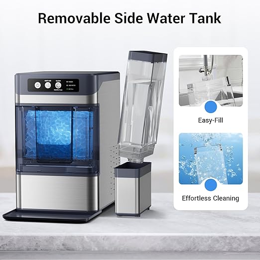 Nugget Ice Maker Countertop 44 Lbs/24h, Chewable Nugget Ice Machine with Side Water Tank, Ready in 5-10 Mins, Self-Cleaning Pellet Ice Machine,Stainless Steel,Scoop Included