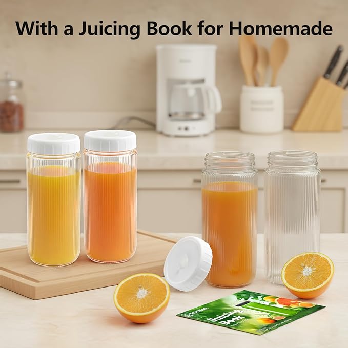 Ruckae 16oz Juice Bottles,Ribbed Glass Juicing Bottles with Lids,Smoothie Cup Lids and Straws,Water Bottle Mason Jar Drinking Glasses for Juicing,Smoothies,Kombucha (Clear-12 pack)
