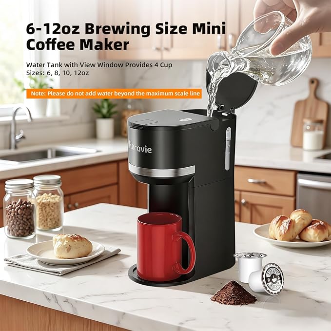 Horavie Small Single Serve Coffee Maker for K Cup and Grounds, Fast Brew One Cup Coffee Machine with One Button, 6 to 12 oz. Brew Sizes, Perfect for Home and Travel, Black