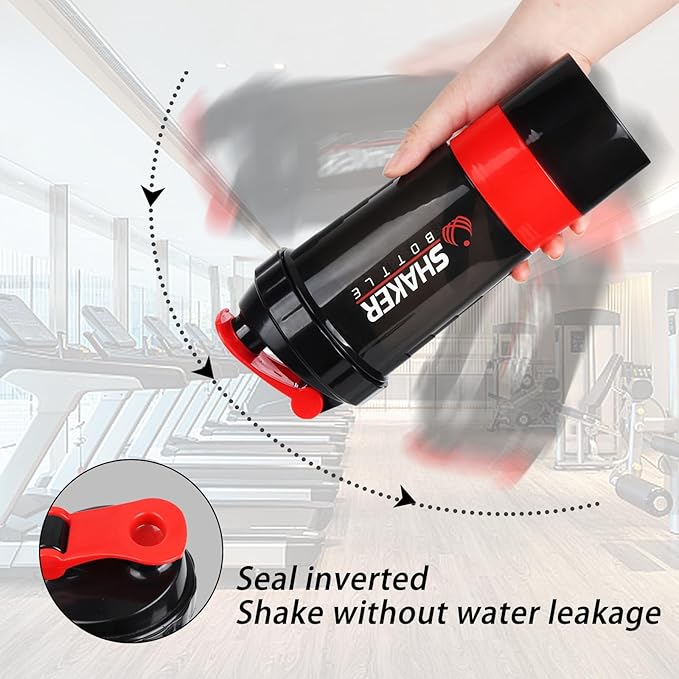 Shaker Bottle,16oz Protein Shaker Bottles with Mixing Ball, 3 in 1 Leak-proof GYM Shake Cup with Powder Storage & Pill Tray, Ideal for Workout,BPA Free（Red）