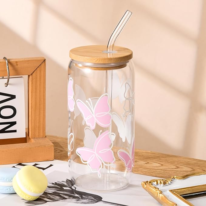 ANABIUP Butterfly Cute Glass Cups with Lids and Straws, Aesthetic Iced Coffee Cup, Girly Preppy Design Tumbler Mug, Birthday, Valentines, Teen Girl Gifts Trendy Stuff