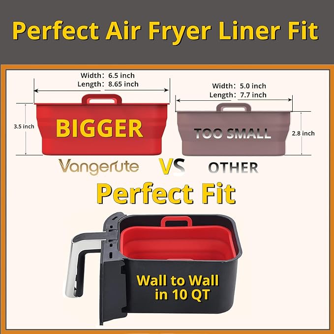 Collapsible 2-Pack Air Fryer Silicone Liners for 10QT NINJA Foodi Dual, Reusable Rectangular Silicone Basket Pot for Air Fryer Accessories (Red)