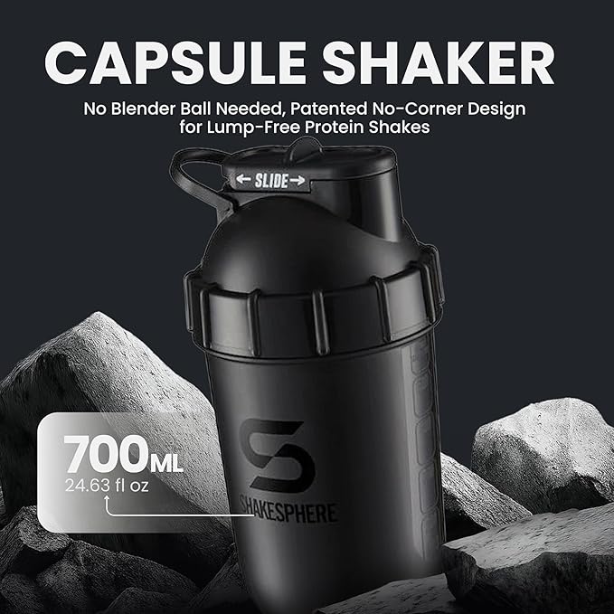 SHAKESPHERE Shaker Bottle - 24oz Leak-Proof Protein Shaker Bottle for Pre Workout, Smoothie and Powder Drink Mixes, No-Blade Mixer for Gym, BPA-Free, Easy Clean & Easy to Carry (Glossy Black)