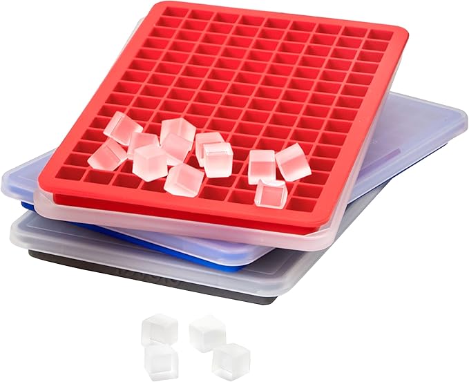 Tovolo Mini Ice Cube Tray with Lid Set of 3 Assorted Colors Small Ice Maker for Freezer, Silicone Mini Ice Cube Trays Square Nugget Ice Makes Tiny Cubes BPA Free Stackable Dishwasher Safe, Assorted