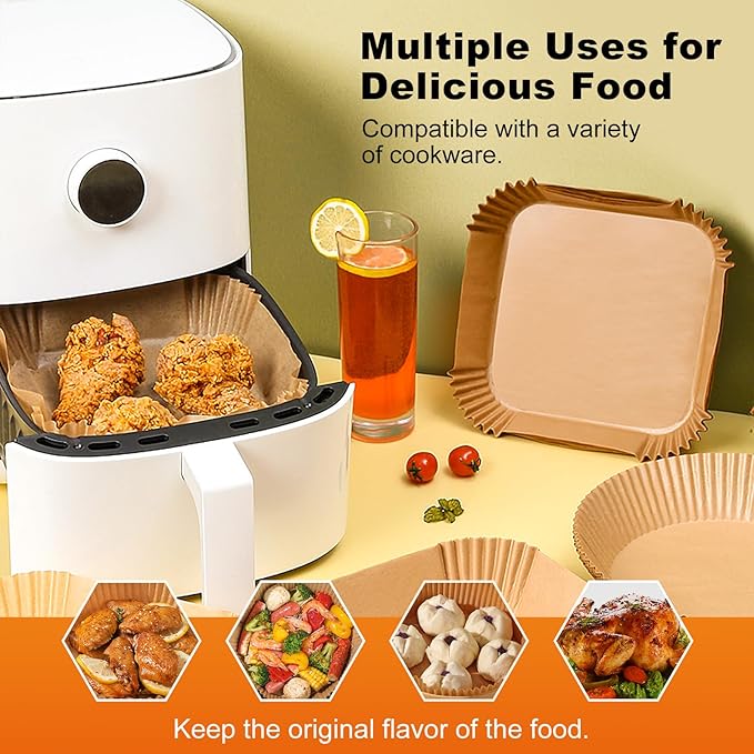 Ctizne Disposable Air Fryer Paper Liners, 125Pcs 9 In Large Square Parchment Paper Liner, Non Stick Baking Paper for 8Qt - 12Qt Air Fryer Basket Microwave Oven, Deep Fryer Parts & Accessories