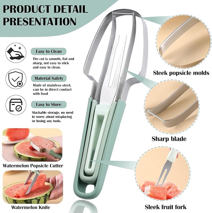 Oleex 3 in 1 Watermelon Cutter Slicer Tool, Stainless Steel Watermelon Popsicle, Fork Slicer Cutter multifunctional, Portable Watermelon Knife Fruit Cutter for Camping Kitchen Gadgets
