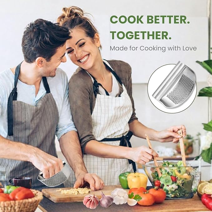 Garlic Press Rocker 304 Stainless Steel Garlic Mincer & Crusher with Silicone Peeler and Cleaning Brush, Ergonomic Dishwasher Safe Garlic Chopper Kitchen Gadget for Seniors & Home Cooks