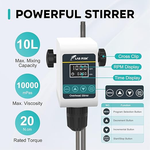 LAB FISH Digital Overhead Stirrer(OS-5S) 10L Capacity 100-1200 RPM Timing 1min-24h Variable Speed Mixer Handles High Viscosity Liquids for Chemical/Reagents/Paints