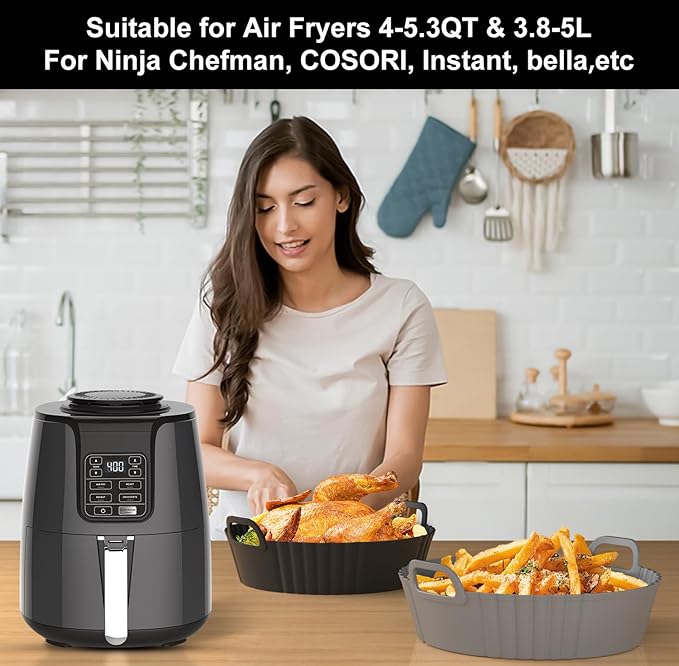 Round Silicone Air Fryer Liners 2 Pack for Ninja AF101 & AF161 Reusable Silicone Liner for 4-5.3QT, Air Fryer Accessories, Compatible with Ninja, COSORI, Tefal, Bear, Chefman
