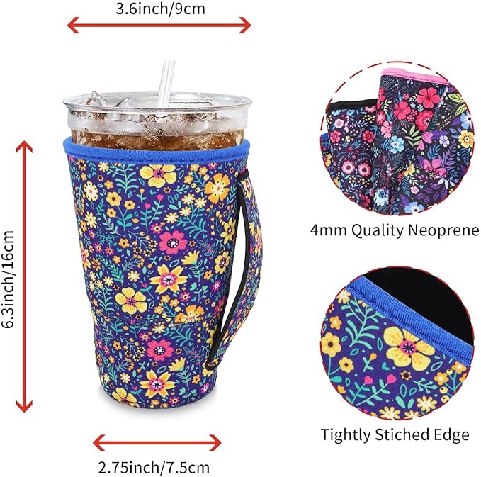 4Pack Reusable Iced Coffee Sleeve Insulator Sleeves for Cold Drinks Beverages, Neoprene Cup Holder for Most Coffee, Fits 30-32oz Large Cups(Flower)