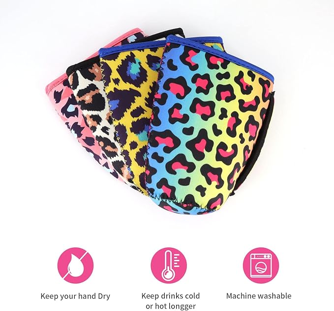 4Pack Reusable Iced Coffee Sleeve Insulator Sleeves for Cold Drinks Beverages, Neoprene Cup Holder for Most Coffee, Fits 22-24oz Medium Cups (Leopard with handle)