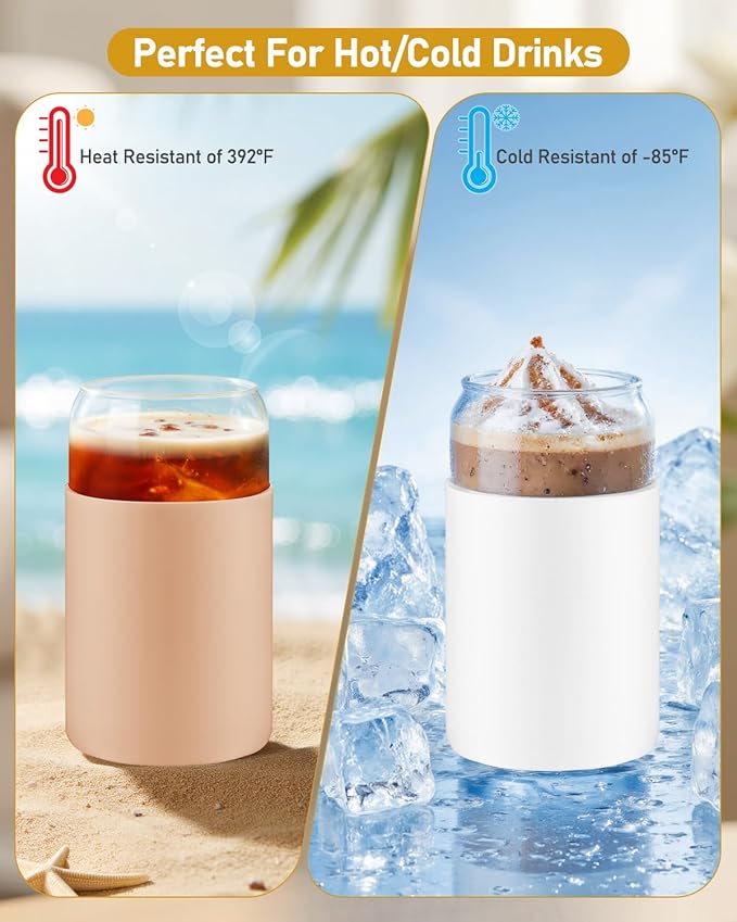 Glass Cups with Lids and Straws, 2 Pack 16OZ Iced Coffee Cups with Silicone Sleeve, Glass Tumbler with Straw and Bamboo Lid, Home Essential Drinking Set for Juice, Cocktail and Latte Khaki&Green