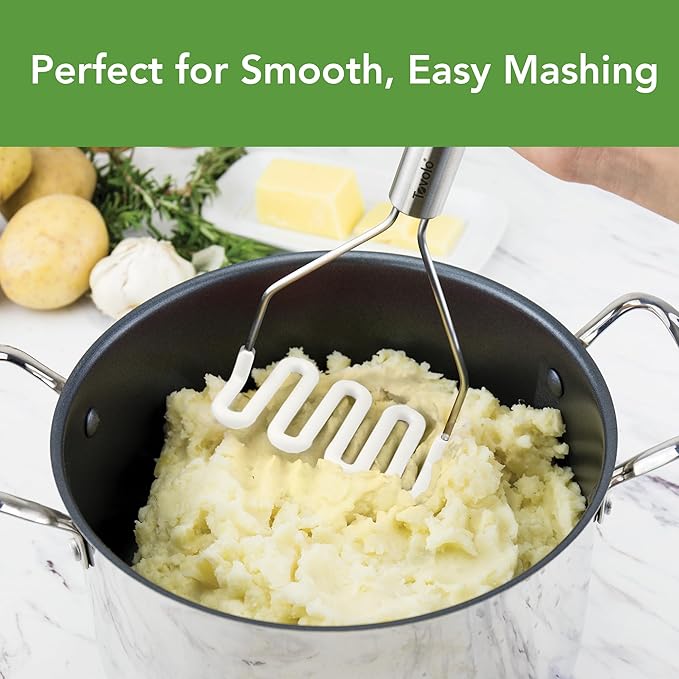 Tovolo Silicone Potato Masher Stainless Steel Handle White Dishwasher Safe Heat Resistant Non Scratch Handheld Coil Wire Potato Smasher for Nonstick Pans Ergonomic Kitchen Food Prep Tool