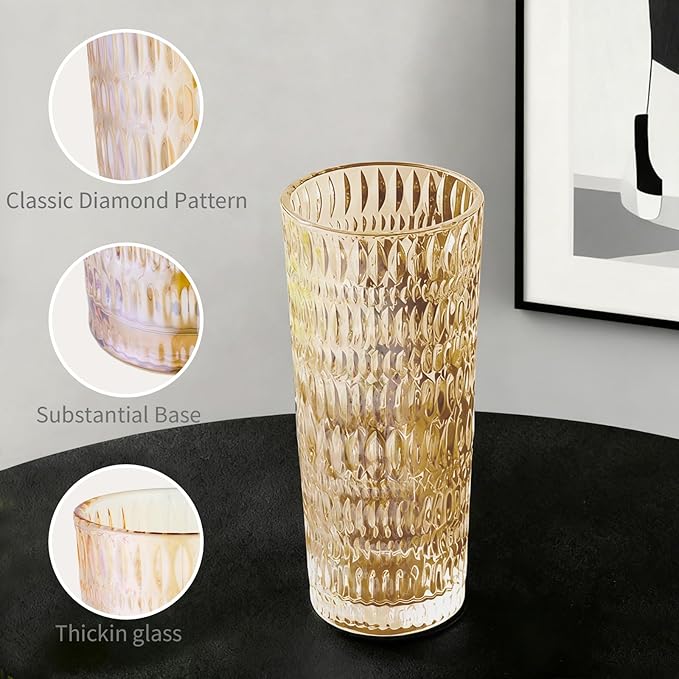 Puraville 2 Pack 18oz Glass Cups with Lids and Straws, Vintage Diamond Pattern Thickened Glassware for Whiskey Cocktail Beer, Mason Jar Drinking Glasses Tumbler Iced Coffee Cup, Amber