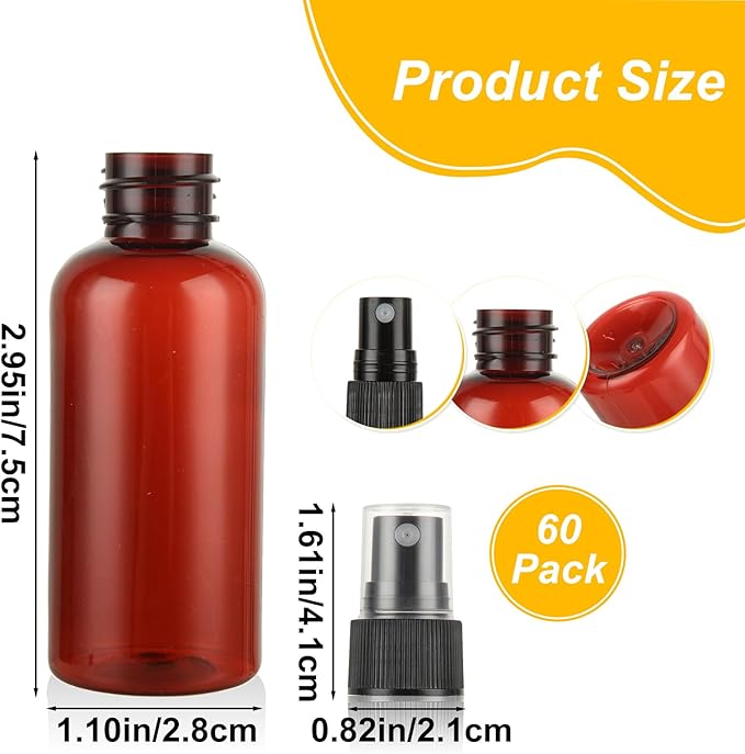 60PCS 1 oz Amber Spray Bottles for Essential Oils Small Plastic Spray Bottle with Funnel & Stickers Refillable 1oz Empty Mini Mister Spray Bottle for Travel Cleaning Beauty