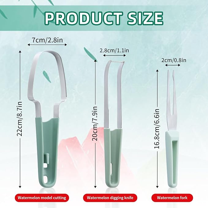 Watermelon Cutter Slicer Tool, 6-in-1 Melon Fork Slicer Cutter, Melon Baller Scoop Set, Stainless Steel Fruit Cutter, Seed Remover Cutter, Fruit Fork for Camping Kitchen Gadgets (3-in-1-green)