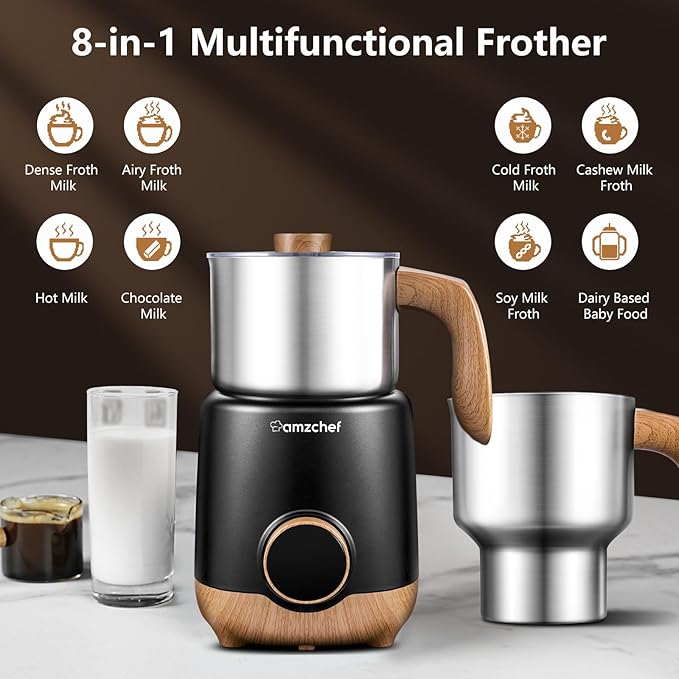 AMZCHEF 8-IN-1 Milk Frother and Steamer 550 Watts, 21oz & 13.5oz Split Stainless Steel Automatic Steamer, Milk's Warmer for Latte, Cappuccino, Hot and Cold Froth, Heated Milk, Hot Chocolate, Baby Food