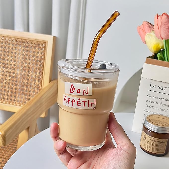 Olvini 13oz Glass Tumbler with Straw and Lid, Reusable Iced Coffee Cup Tumbler, Cute Glass Cups for Water, Matcha, Travel Coffee Mugs (Bon Appétit)
