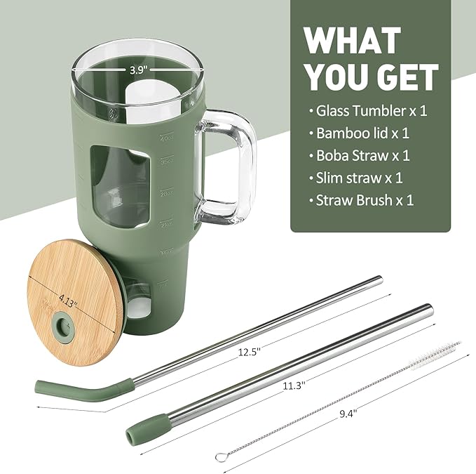 WINSA Glass Tumbler with Straw and Lid, 40 oz glass cup with handle, Glass Water Bottles with Time Marker, Silicone Protective Sleeve-Olive