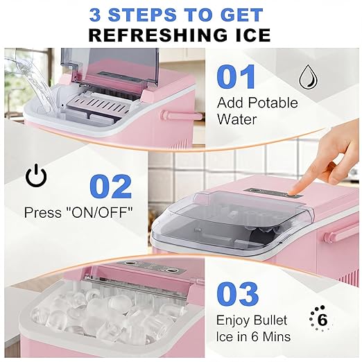 NEWBULIG Ice Makers Countertop with Handle, Portable Ice Machine, 9 Bullet Ice Cubes in 6 Mins, 26lbs in 24Hrs, Auto-Cleaning, with Basket and Scoop, for Home, Kitchen, RV, Camping,Pink