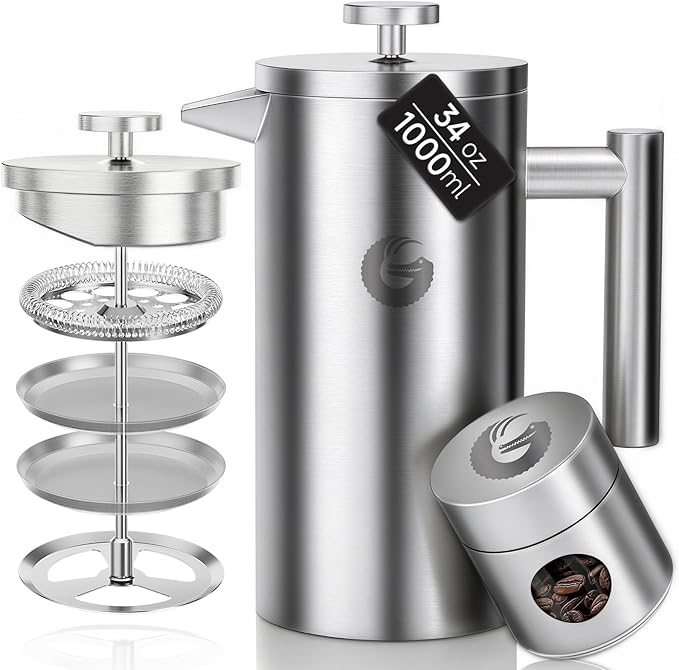 Coffee Gator 304 Grade Stainless Steel French Press Coffee Maker 34 oz, Double Wall Insulated Teapot with 4-Level Filtration System, Include Travel Jar Canister, Rust-Free, Dishwasher Safe, Silver