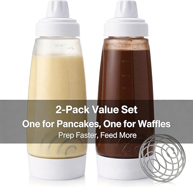 2 Pack Pancake Batter Dispenser & Mixer Bottle with Wire Whisk Ball - Squeeze Dispenser for Batter, Waffles, Cupcakes, Crepes - Heat Resistant Silicone Tip, BPA Free Baking Tool for Blackstone Griddle