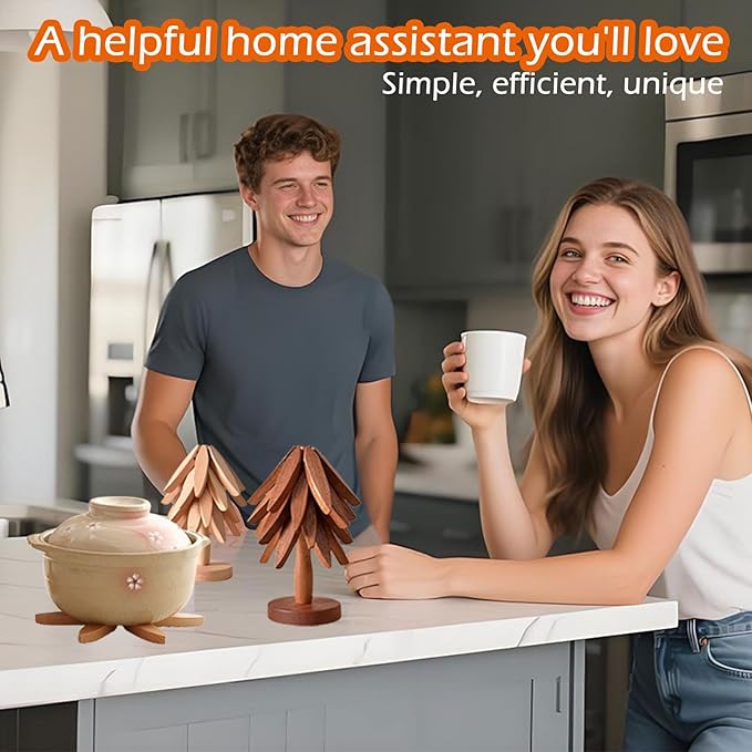 Wooden Tree Trivets for Hot Dishes - Set of 4 with Stand, Natural Foldable Kitchen Trivets for Pots, Pans, Bowls & Teapots - Walnut