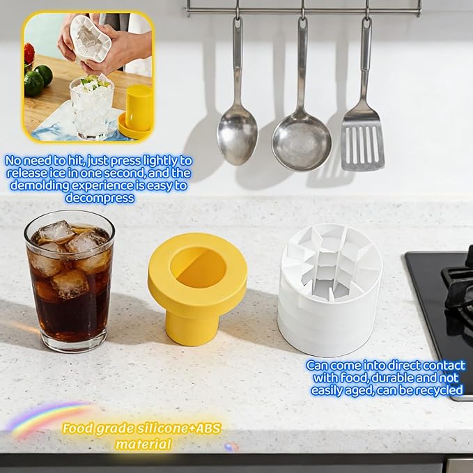 3D Upgraded Silicone Ice Cube Tray with Easy Release-30 Cubes, Leak-Proof&Space-Saving for Freezer,RV,Office-BPA-Free Fast Ice Maker for Drinks,Cocktails, Party (Includes Travel Ice Bucket) (Yellow)