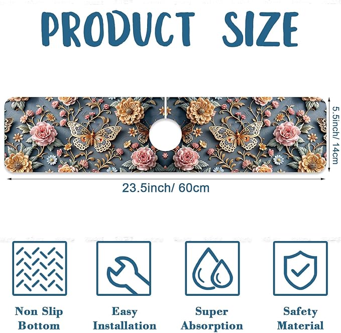 Gold Butterfly Kitchen Sink Splash Guard Faucet Mat Pink Floral Super Absorbent Fast Drying Mat Sink Splash Guard Behind Faucet for Kitchen Bathroom, 23.5"x5.5"