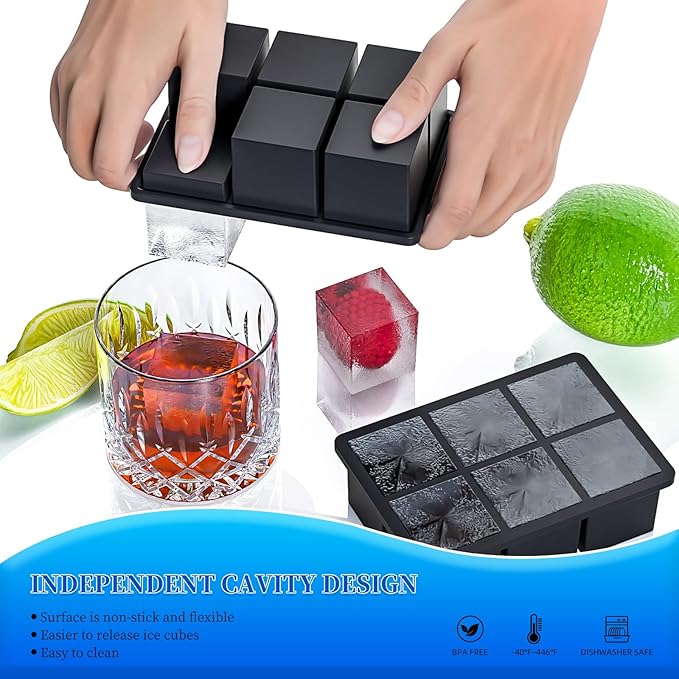 Large Ice Cube Tray for Whiskey, HANCELANT Big Silicone Square Ice Cube Mold with Removable Lid, 2'' Huge Square Ice Cubed Tray for Whisky and Cocktail, Black