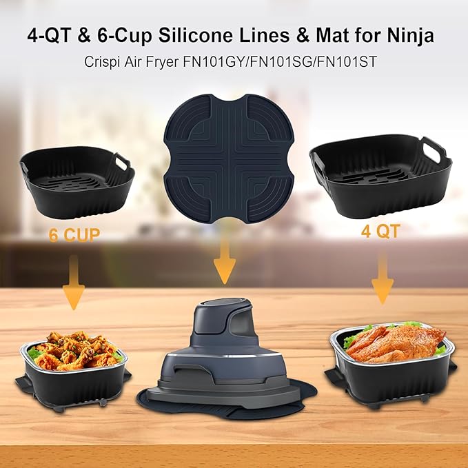 Silicone Heat Resistant Mat for Ninja Crispi,2Pc Silicone Air Fryer Liners for Ninja Crispi 4-QT&6-Cup Container Compatible with FN101GY/FN101SG/FN101ST,Reusable Air Fryer Accessories for Ninja Crispi