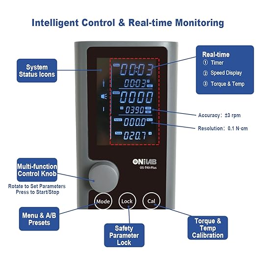 ONiLAB 30L LCD Lab Overhead Stirrer & Mixer, 10,000 mPa·s High Viscosity, 0.1 N·cm Precision Torque Display, Brushless Motor & Stand, 2200rpm ±3rpm Accuracy, 100h Timer/Continuous Mode, cTUVus