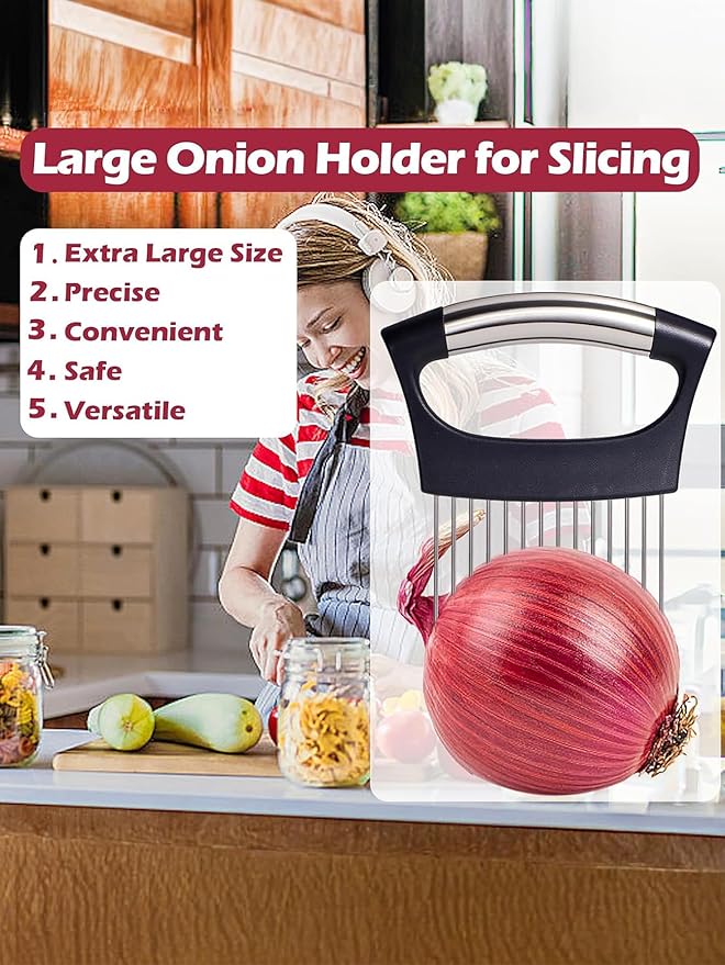 Onion Holder for Slicing, New Stainless Steel Onion Slice Holder Lemon Slicer Vegetable Cutter, Kitchen Chopper Slicing Assistant Tool for Meat, Onion, Potato, Tomato (Black, 1 Pack)
