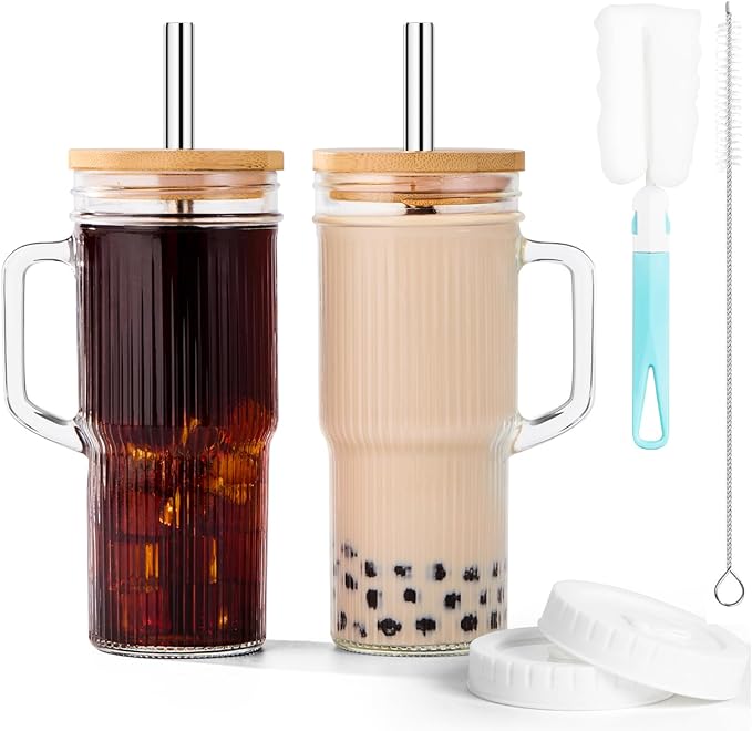 JunVpic 24oz Ribbed Glass Tumbler with Straw and Lid,Glass Cups with Handle,Stainless Steel Straws & Cleaning Brushes – Iced Coffee Cup for Smoothies, Tea, and Gifts, Set of 2