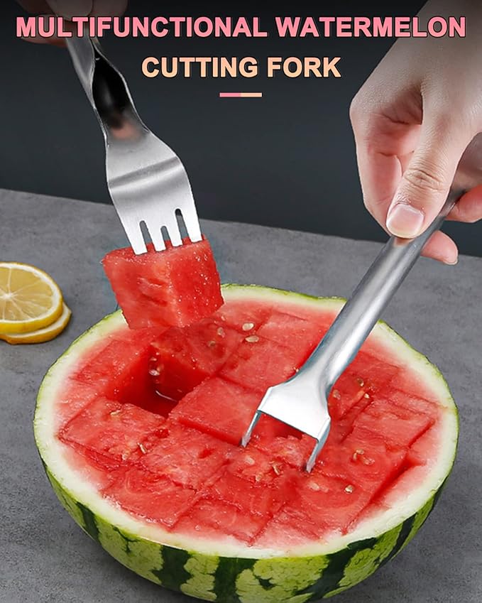 Watermelon Fork Slicer Cutter, Stainless Steel 2-in-1 Watermelon Cutter for Family Parties Camping, Summer Watermelon Cutting Artifact, Professional Fruit Fork Slicer (1PCS)