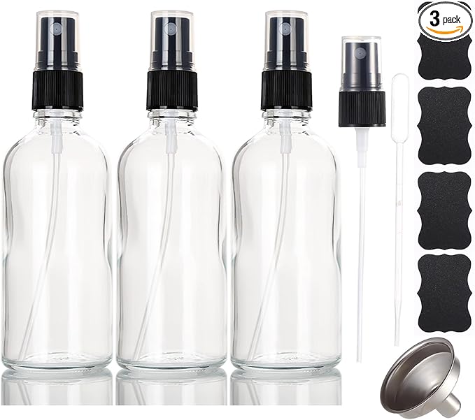 3.4 oz Glass Spray Bottles,Empty Fine Mist Refillable Travel Spray Bottle for Cleaning,Perfume,Aromatherapy,Cosmetic Sprays,Hair,Essential Oils with Fine Mist Dispenser（3 Pack）