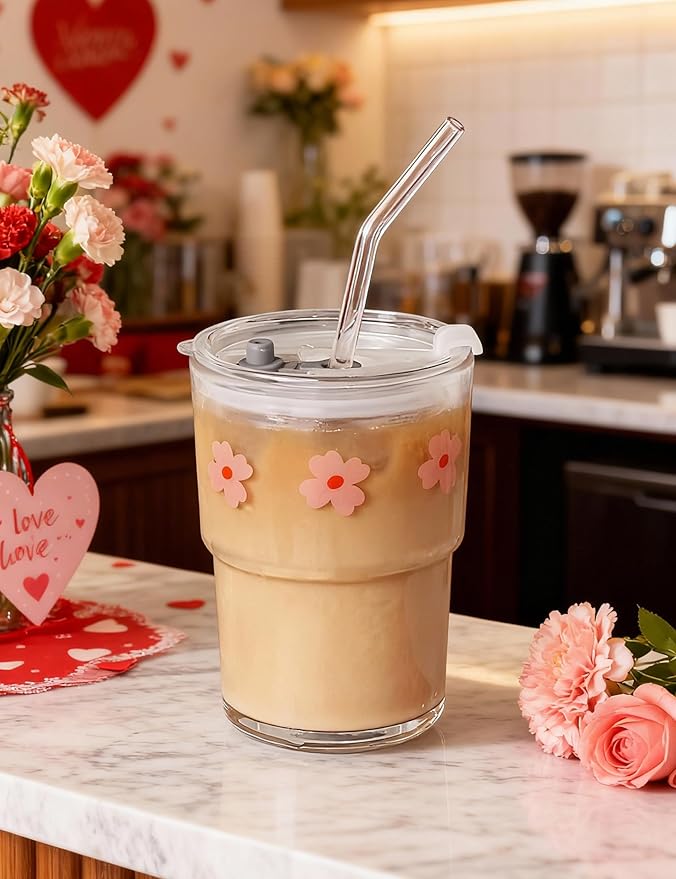 Olvini 13oz Glass Tumbler with Straw and Lid, Reusable Iced Coffee Cup Tumbler, Cute Glass Cups for Water, Matcha, Travel Coffee Mugs (Pink Flower)