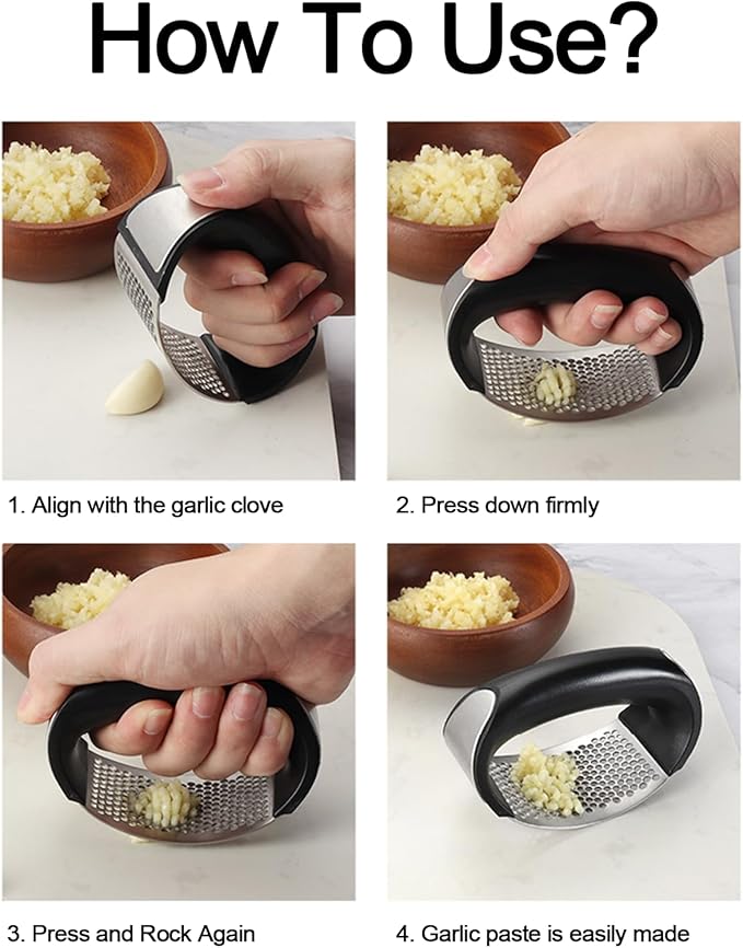 Garlic Press Rocker Stainless Steel, Garlic Crusher & Mincer Tool, Ergonomic Rocking Garlic Press for Easy Crushing, Kitchen Garlic Masher for Home Cooking