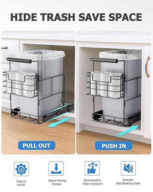Bulado Pull Out Trash Can Under Cabinet, Under Sink Trash Can Kit for 7.5-10 Gallon with Garbage Bag Holder, Heavy Duty Steel Frame, Holds Up to 125 lbs, Easy to Install (Bin Not Included)